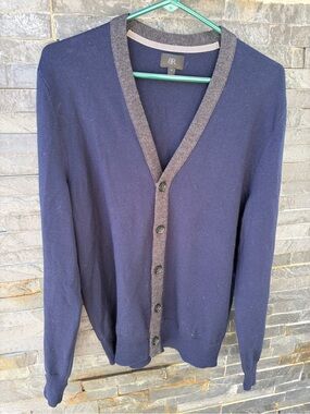 Banana Republic Merino Wool Navy Cardigan with Gray Contrast Trim